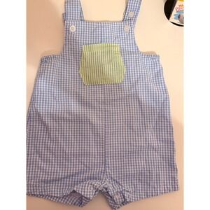Bayou Blanks  Gingham Overall Romper One-Piece With Green Front Pocket Sz 9mo